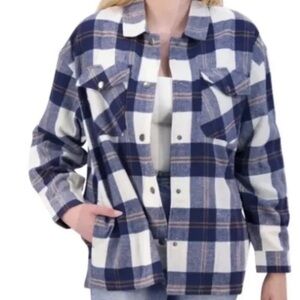 Blue and White Plaid Button-Up Shirt Jacket